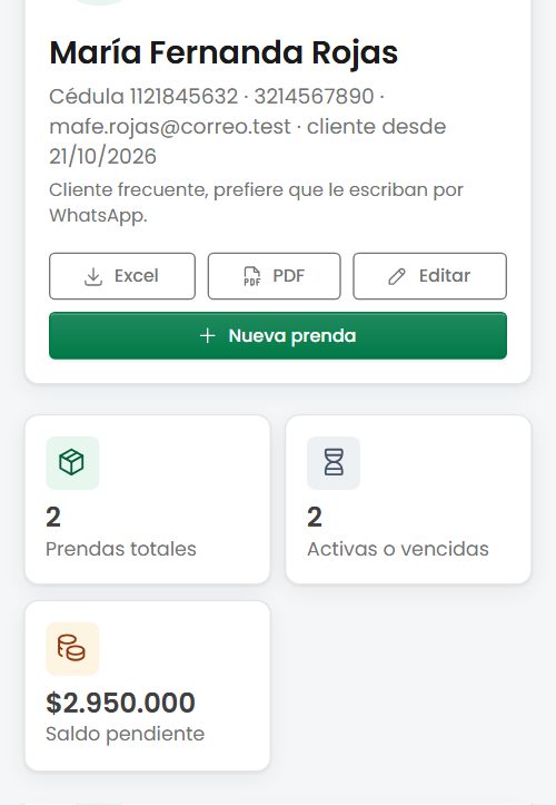 Ficha de cliente en el panel de Los Remates, con prendas totales y saldo pendiente